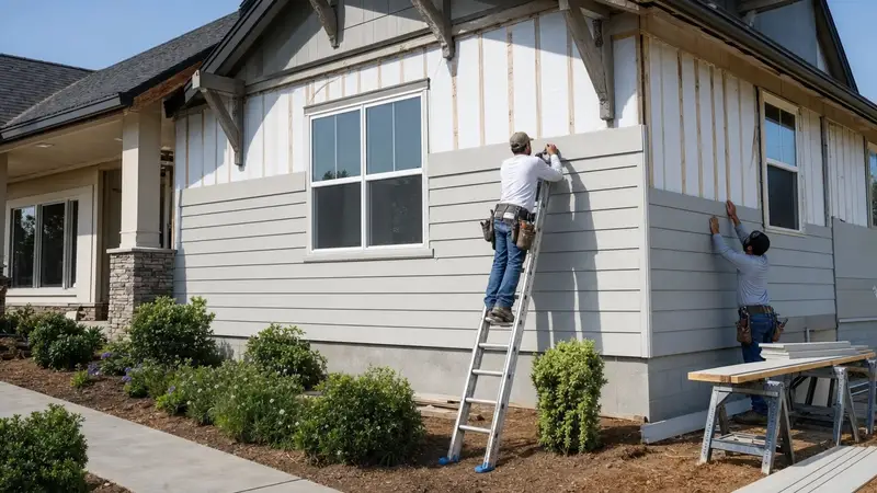 Two workers fitting pale horizontal lap siding to the front of a house, one on a stepladder and one steadying a board, with a partly clad gable still showing its battens and a trestle of cut boards on the path