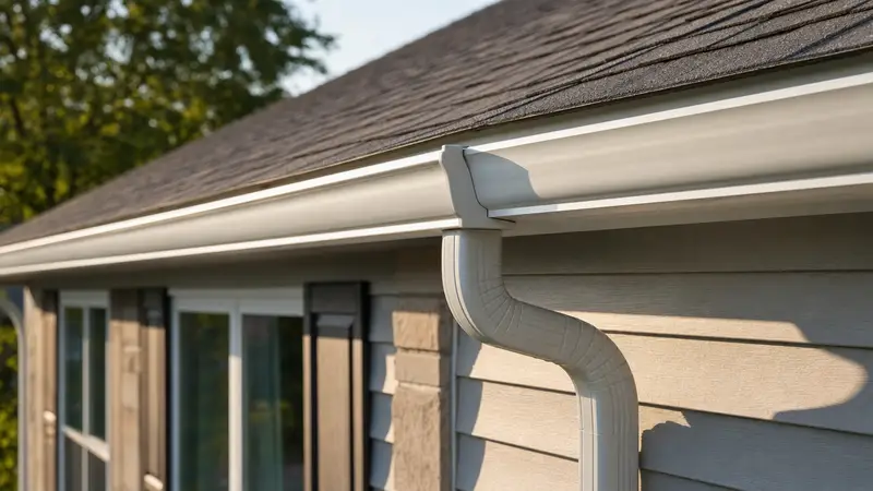 A white seamless aluminium gutter running along the eave of a shingle roof, turning down into a smooth downspout against pale lap siding