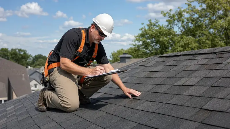 A roofer kneeling on an asphalt shingle roof in a safety harness, pressing a shingle flat and writing on a clipboard