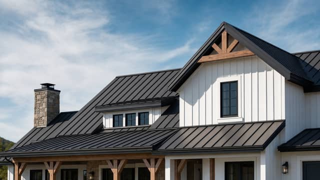 Standing-seam metal roof on a modern American home under a clear sky