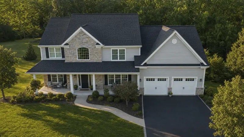 A two-storey house with a stone and pale-siding front elevation under a newly laid dark architectural shingle roof, seen from above the driveway on a summer evening