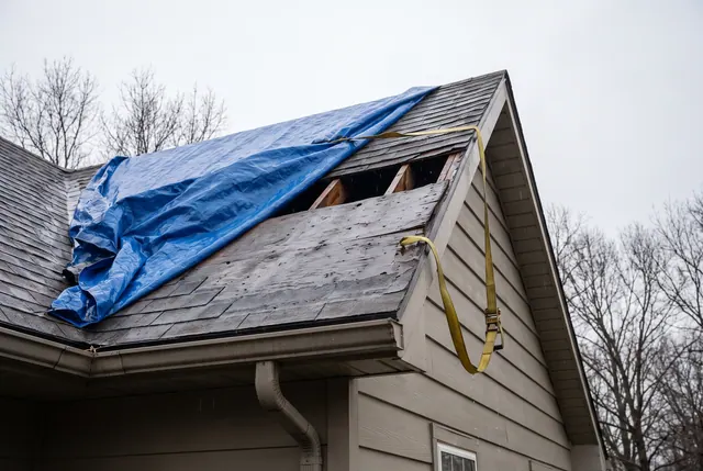 A gable roof with a blue tarp pulled back off one section, exposing bare grey deck boards and an open gap into the rafters, a yellow ratchet strap running down the gable end