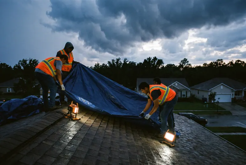 Three roofers in high-visibility vests dragging a blue tarp across a wet shingle roof at dusk, working by two portable floodlights under a storm sky