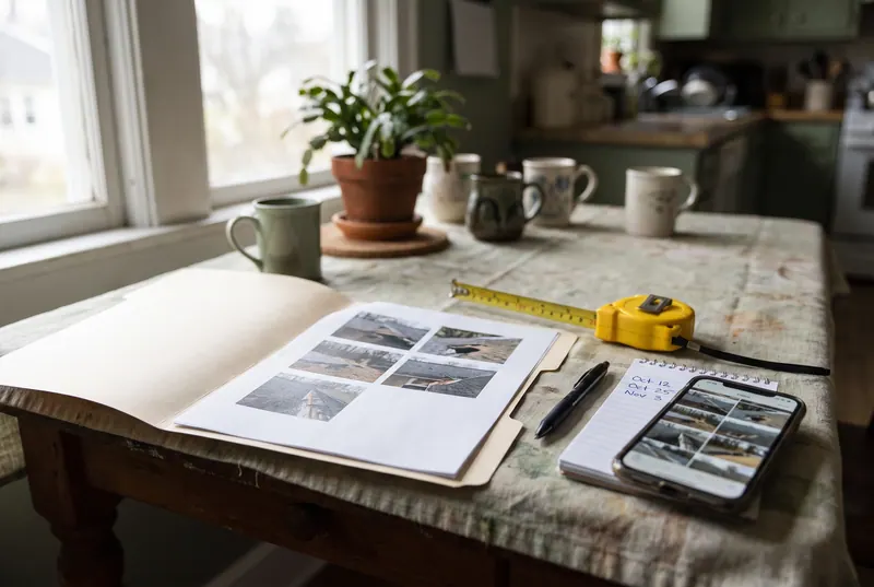 A claim folder open on a kitchen table beside a tape measure, a notepad of dates and a phone showing roof photographs