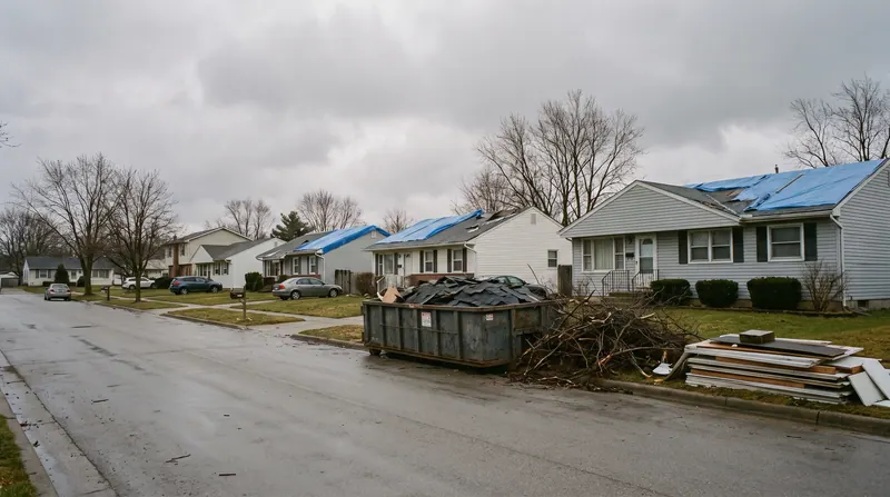 A suburban street the morning after a storm: several roofs covered with blue tarps, a skip of stripped shingles at the kerb, and cut branches stacked beside it under a flat grey sky